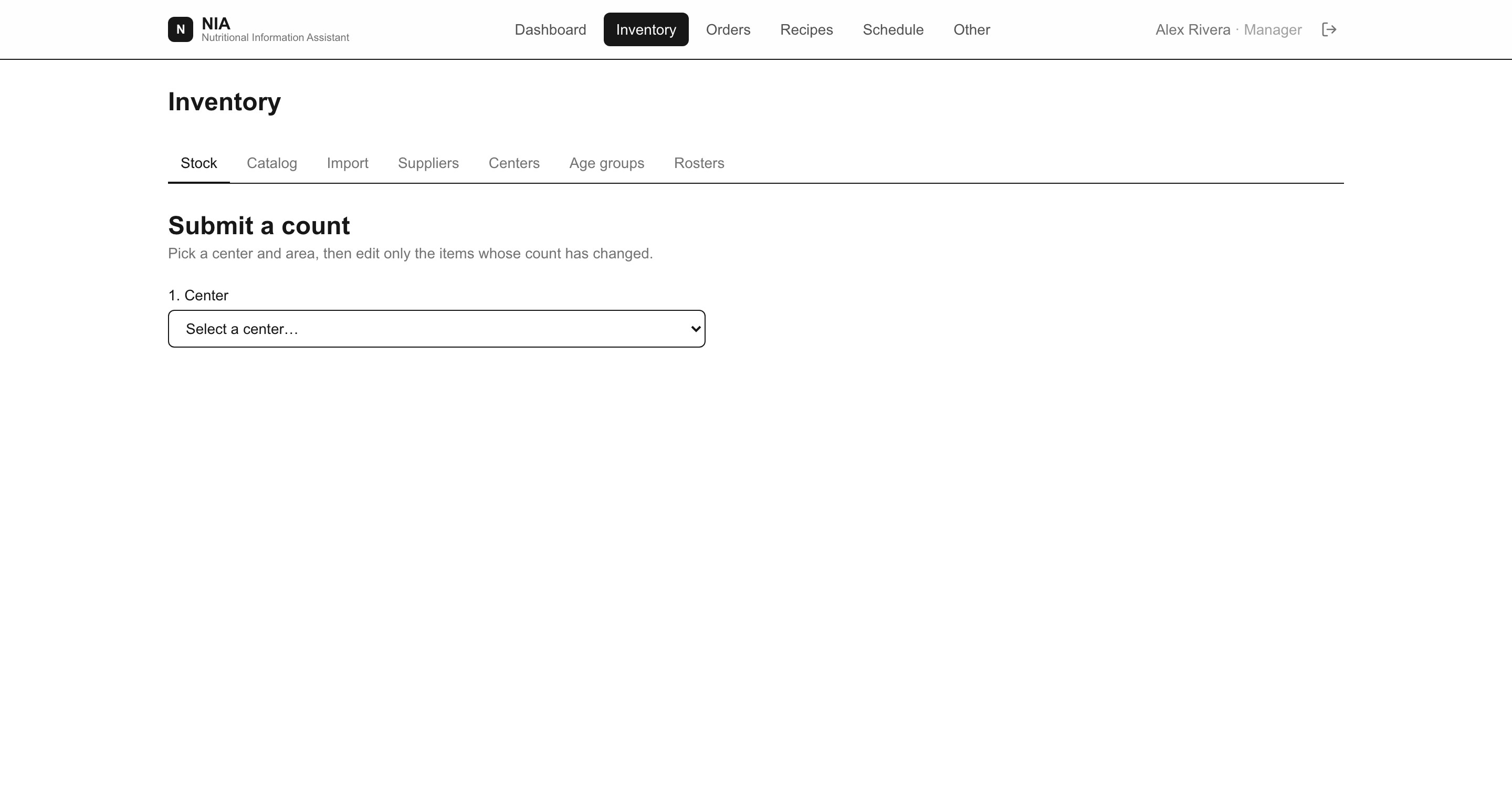 The NIA count screen listing items in a walk-in cooler with editable quantities