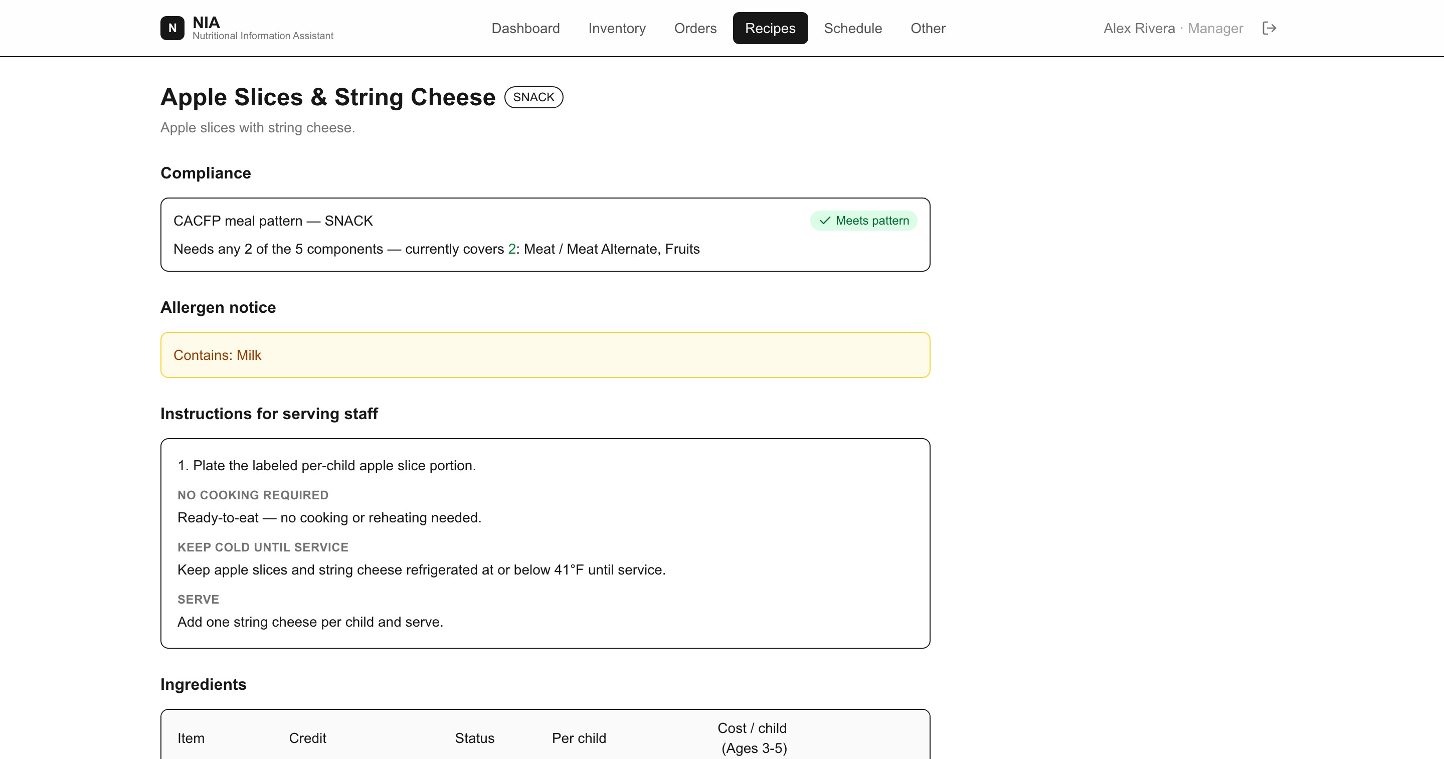 A recipe in NIA showing its CACFP compliance check, allergen notice and serving instructions